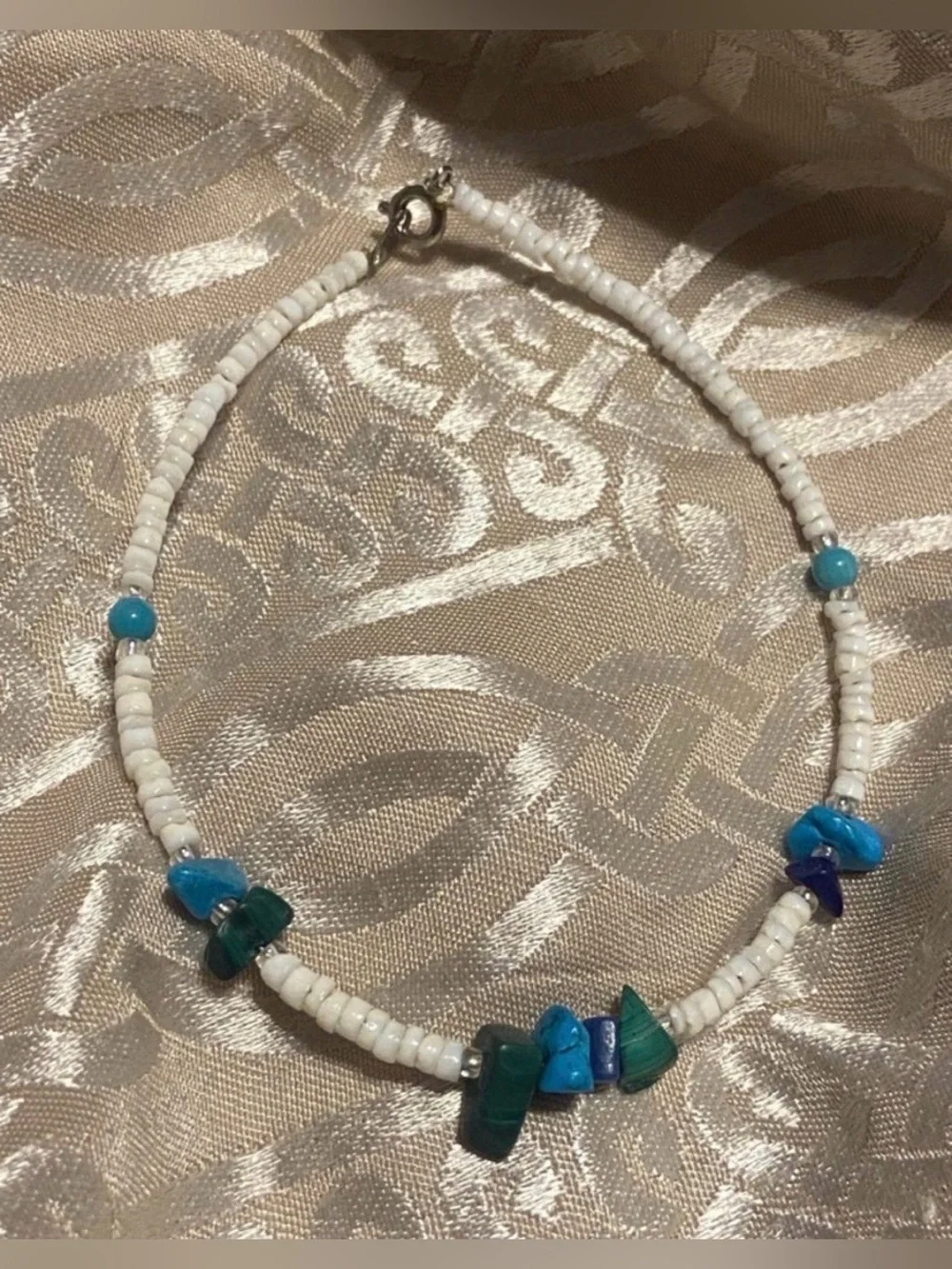 Turquoise, Malachite, Lapis Chip & Seed Bead Bracelet #7492